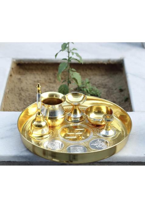 Indian Art Villa Pure Brass Pooja Thali Set with Silver Gold Ashtmangal Beeded Design Religious Spiritual Item