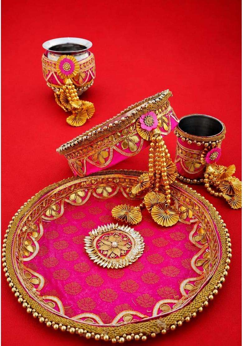 Multicolor Karwa Chauth Thali Lota Channi Set Beautiful Pooja Thali Set for Karwa Chauth Vrat - Indya
