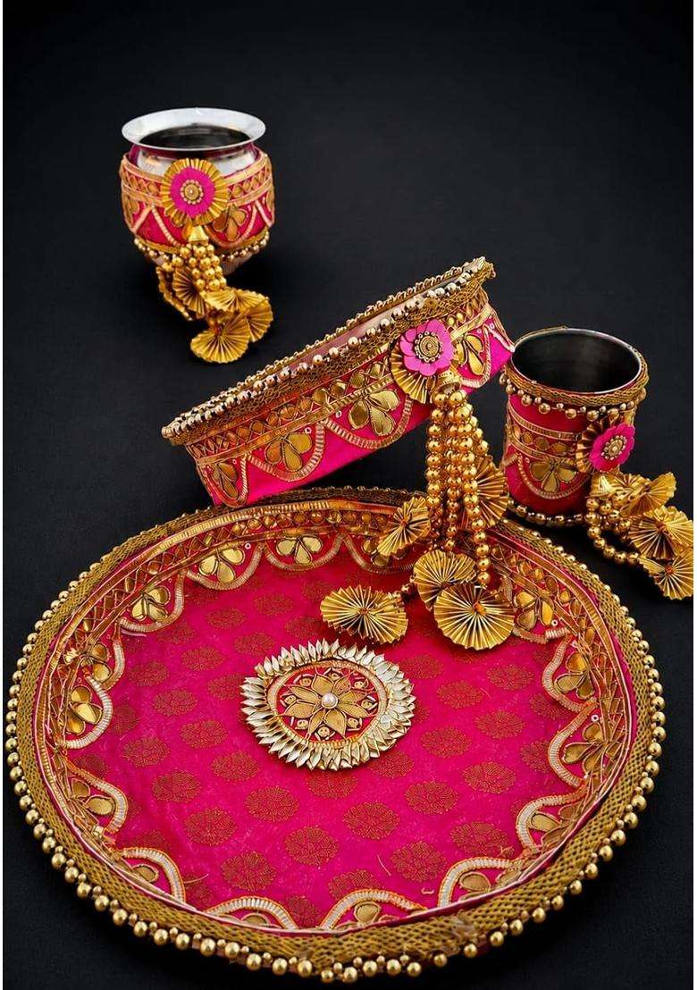 Multicolor Karwa Chauth Thali Lota Channi Set Beautiful Pooja Thali Set for Karwa Chauth Vrat - Indya