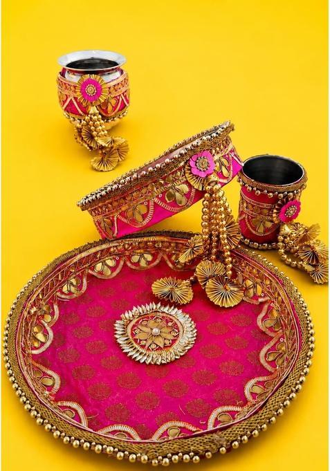 Multicolor Karwa Chauth Thali Lota Channi Set Beautiful Pooja Thali Set for Karwa Chauth Vrat