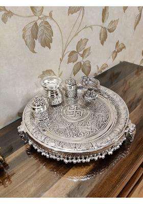 Mishita Collections German Silver Hand Engraved Heavy Pooja Thali Diameter 12 Set of 5