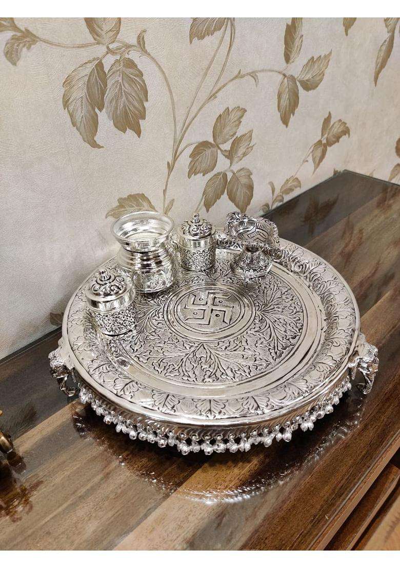 Mishita Collections German Silver Hand Engraved Heavy Pooja Thali Diameter 12 Set of 5 - Indya