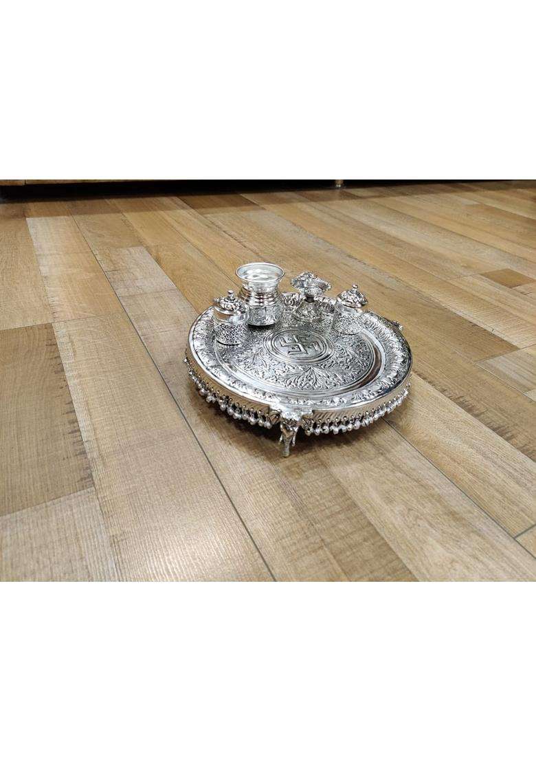 Mishita Collections German Silver Hand Engraved Heavy Pooja Thali Diameter 12 Set of 5 - Indya