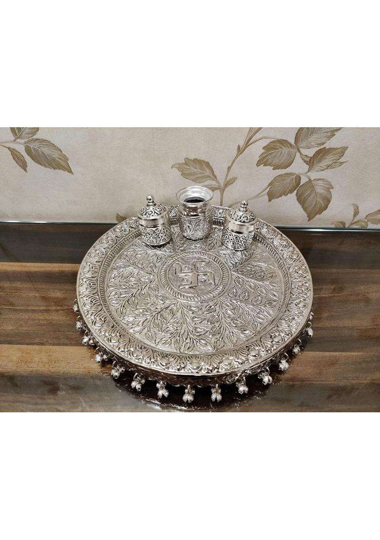 Mishita Collections German Silver Hand Engraved Heavy Pooja Thali Diameter 12 Set of 5 - Indya