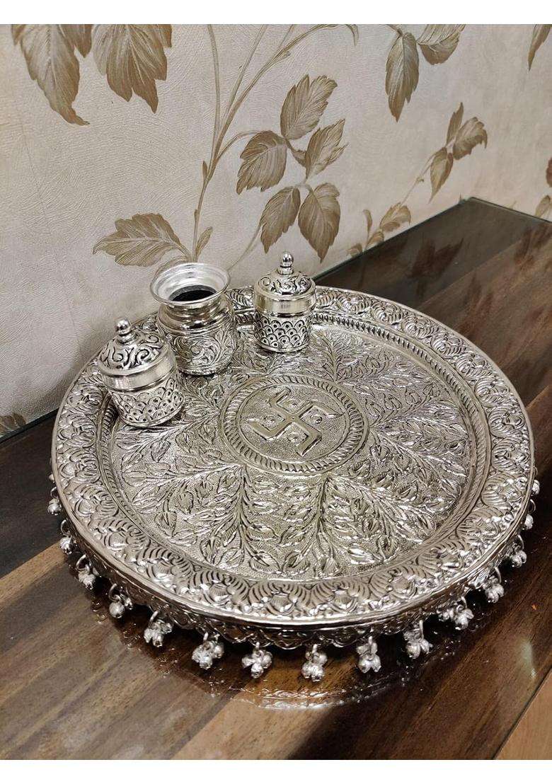 Mishita Collections German Silver Hand Engraved Heavy Pooja Thali Diameter 12 Set of 5 - Indya