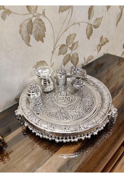 Mishita Collections German Silver Hand Engraved Heavy Pooja Thali Diameter 12 Set of 5