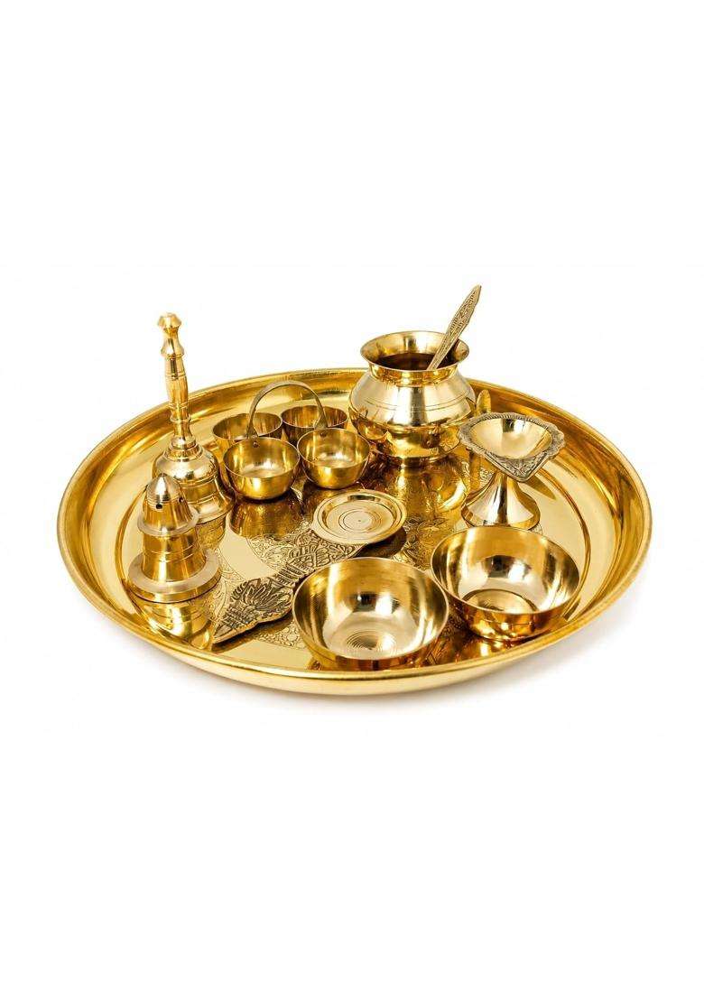 A and H Enterprises Pooja Thali Set for Home Temple Traditional with Diya Roli Kumkum Container Bell - Indya