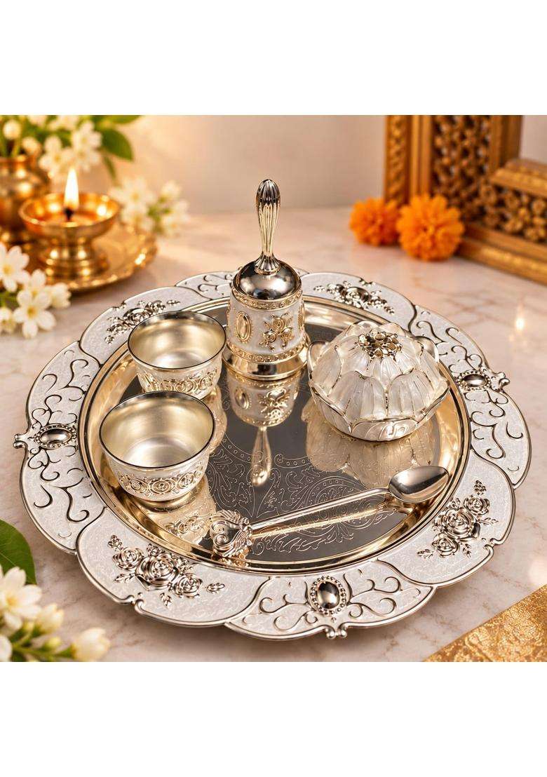 Urbanelly German Silver Coting Pooja Thali Set for Home Temple - Indya