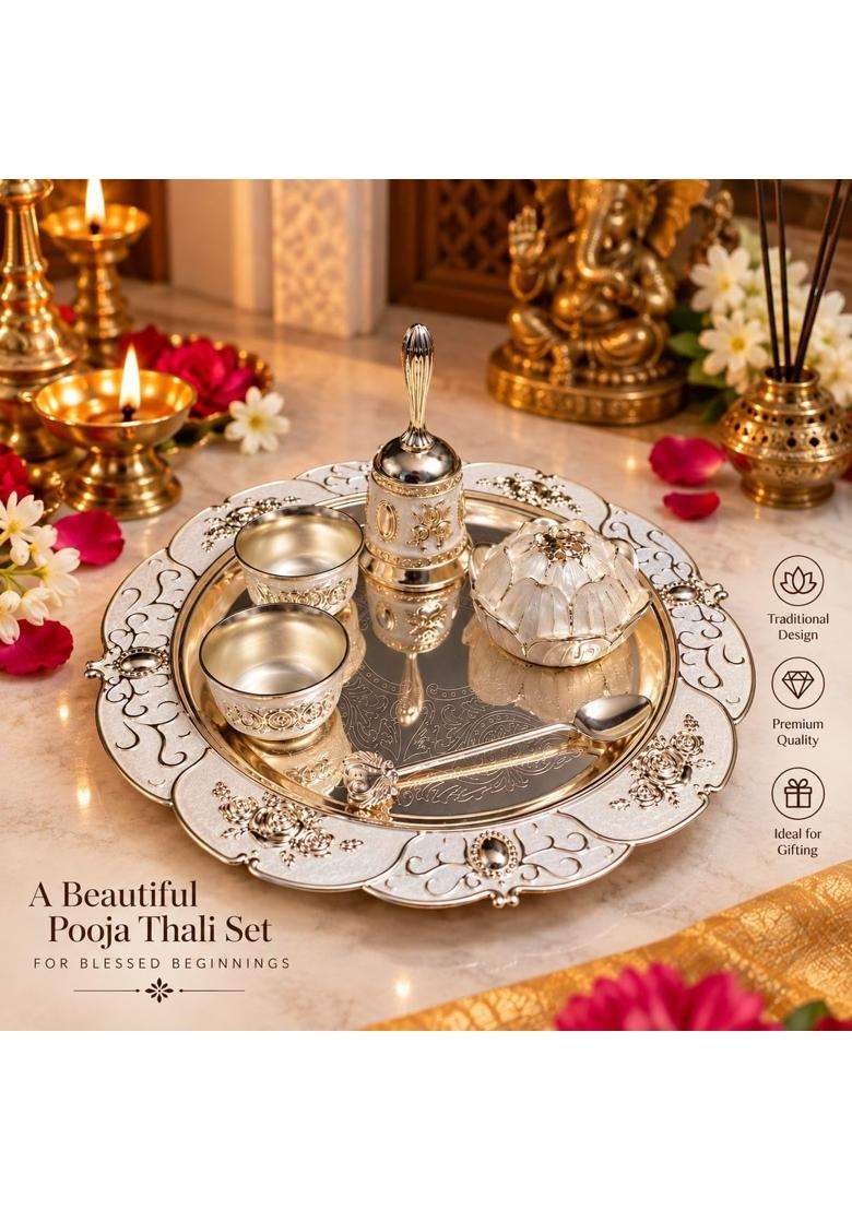 Urbanelly German Silver Coting Pooja Thali Set for Home Temple - Indya