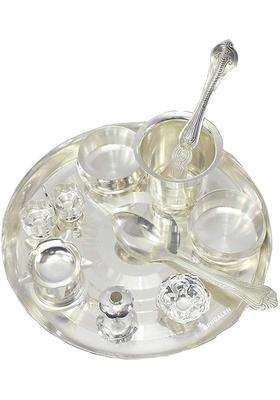 Kawediya Collection Silver Plated Set 10 Inch Traditional Ethnic Puja Thali with Pooja Accessories