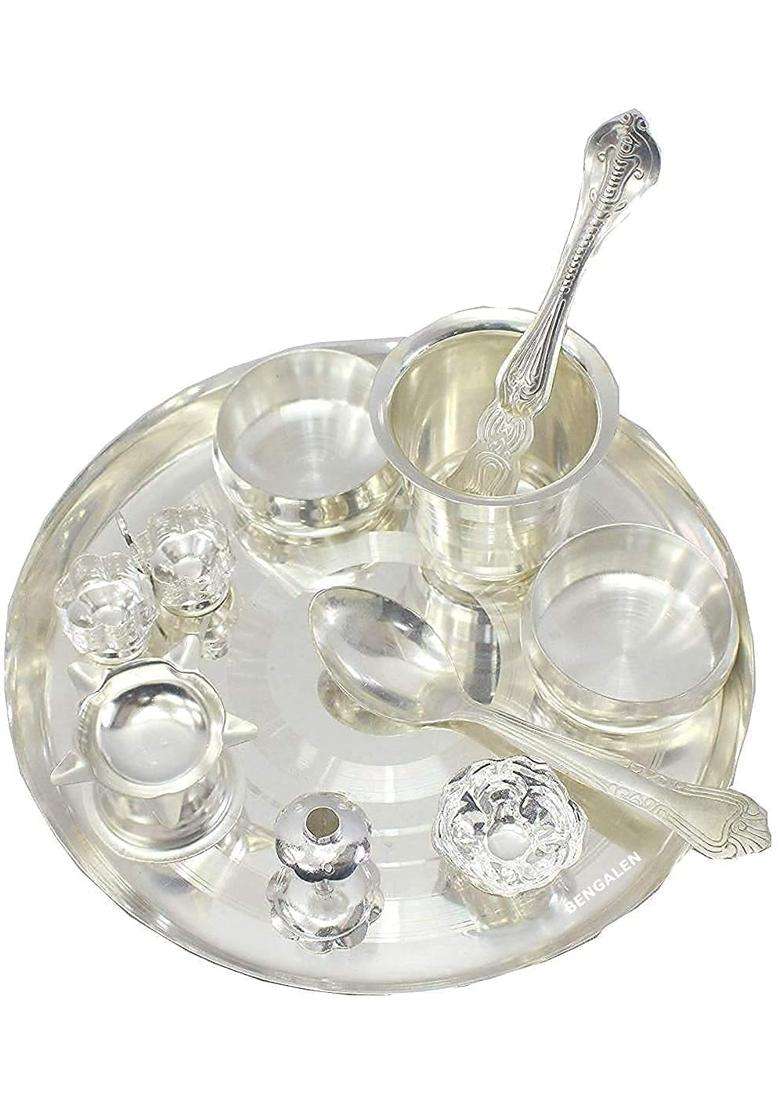 Kawediya Collection Silver Plated Set 10 Inch Traditional Ethnic Puja Thali with Pooja Accessories - Indya