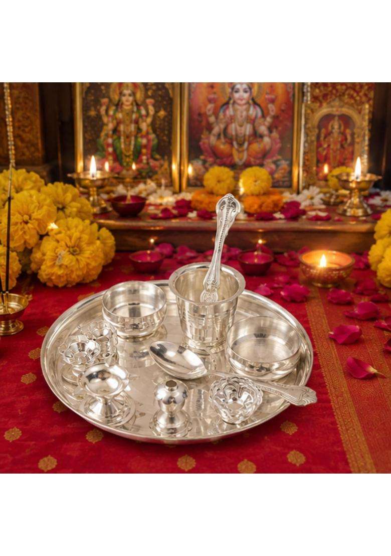 Kawediya Collection Silver Plated Set 10 Inch Traditional Ethnic Puja Thali with Pooja Accessories - Indya