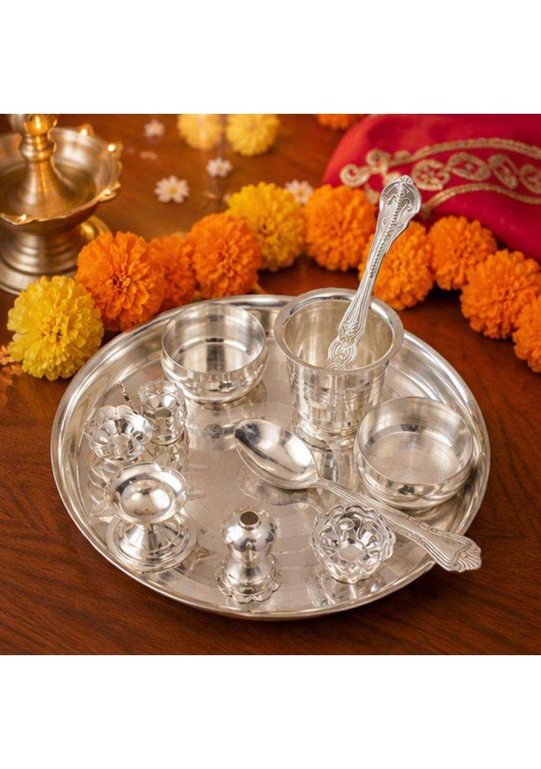 Kawediya Collection Silver Plated Set 10 Inch Traditional Ethnic Puja Thali with Pooja Accessories - Indya