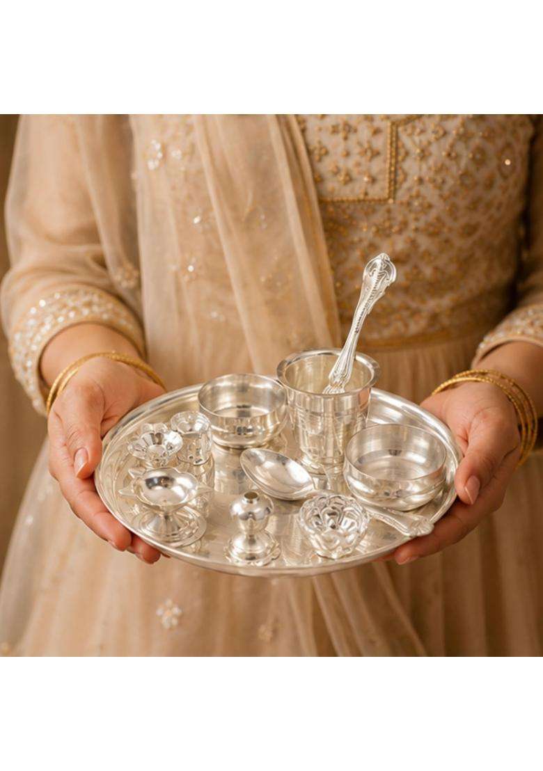 Kawediya Collection Silver Plated Set 10 Inch Traditional Ethnic Puja Thali with Pooja Accessories - Indya