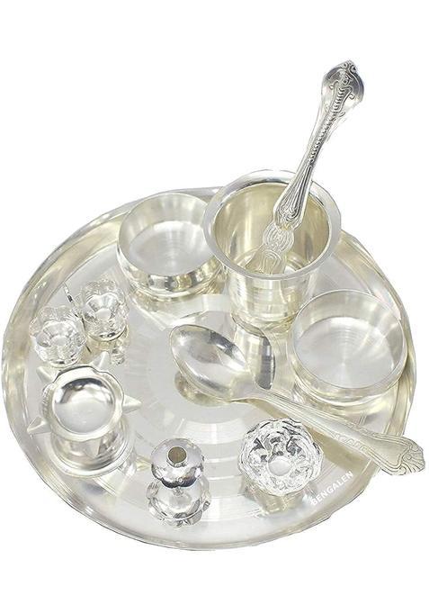 Kawediya Collection Silver Plated Set 10 Inch Traditional Ethnic Puja Thali with Pooja Accessories
