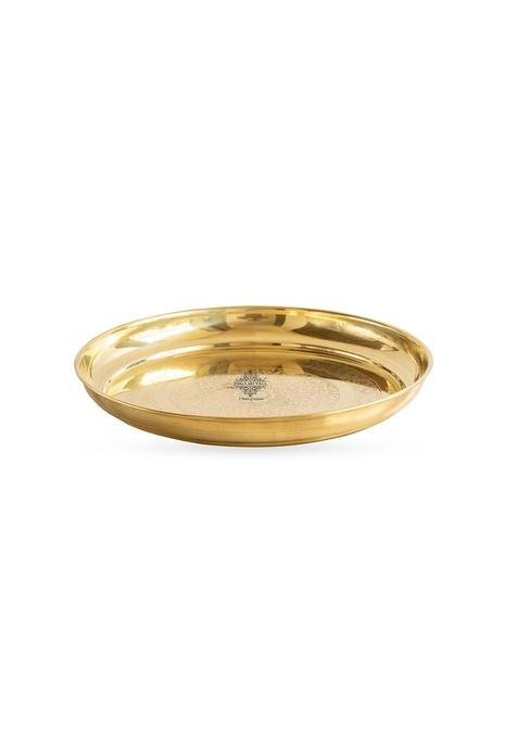 Indian ART Villa Gold Brass Embossed Thali Plate Decorative Floral Design Plate for Pooja Festivals Set of 1