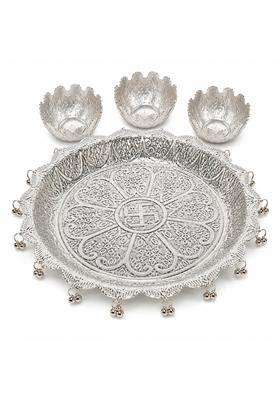 German Silver Pooja Thali with 3 Tarn Vatki Set Swastik Engraved Designer Puja Plate with Ghungroo Border