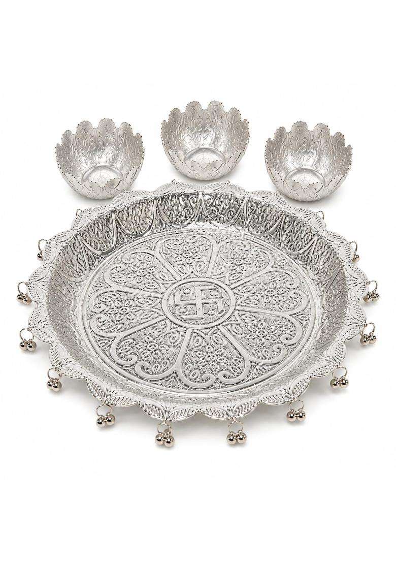 German Silver Pooja Thali with 3 Tarn Vatki Set Swastik Engraved Designer Puja Plate with Ghungroo Border - Indya
