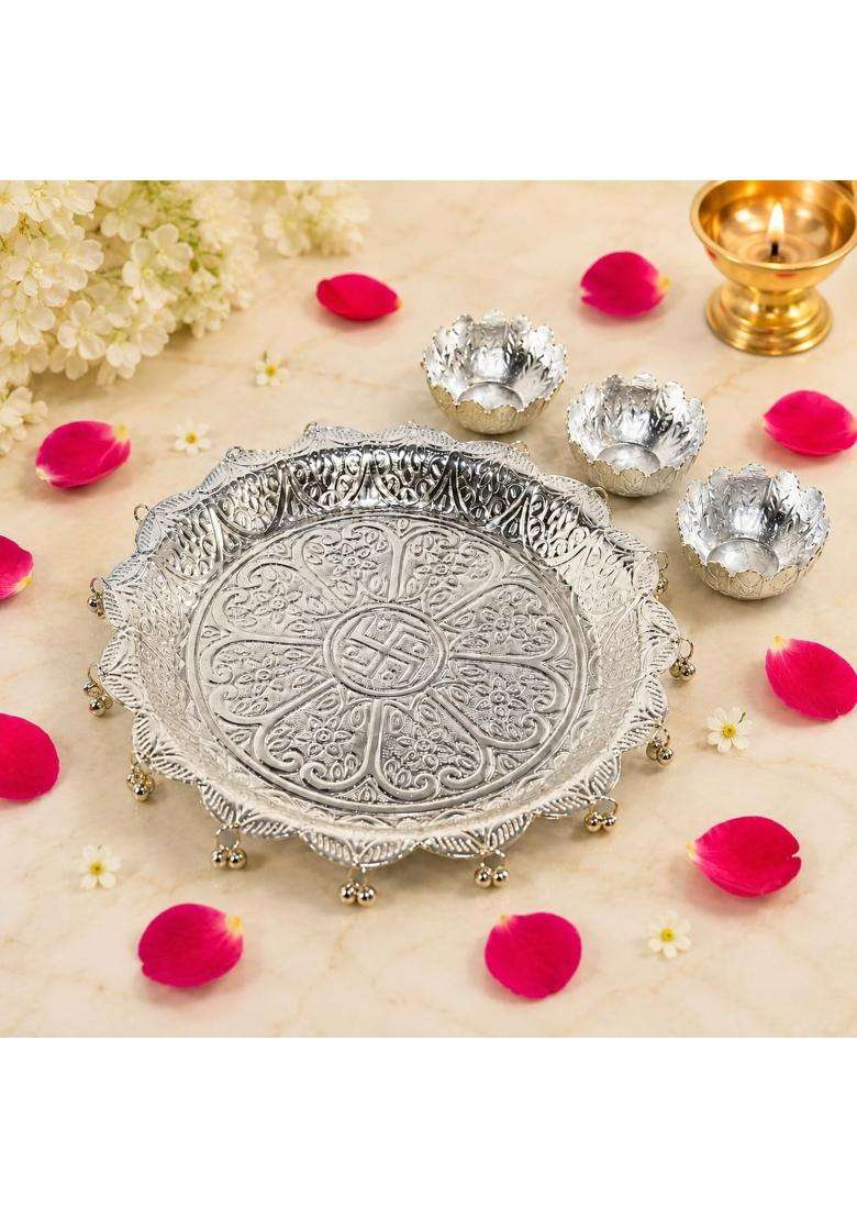 German Silver Pooja Thali with 3 Tarn Vatki Set Swastik Engraved Designer Puja Plate with Ghungroo Border - Indya