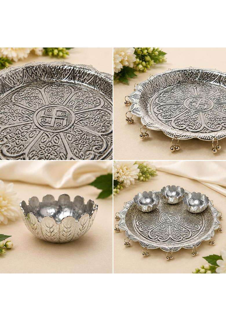 German Silver Pooja Thali with 3 Tarn Vatki Set Swastik Engraved Designer Puja Plate with Ghungroo Border - Indya