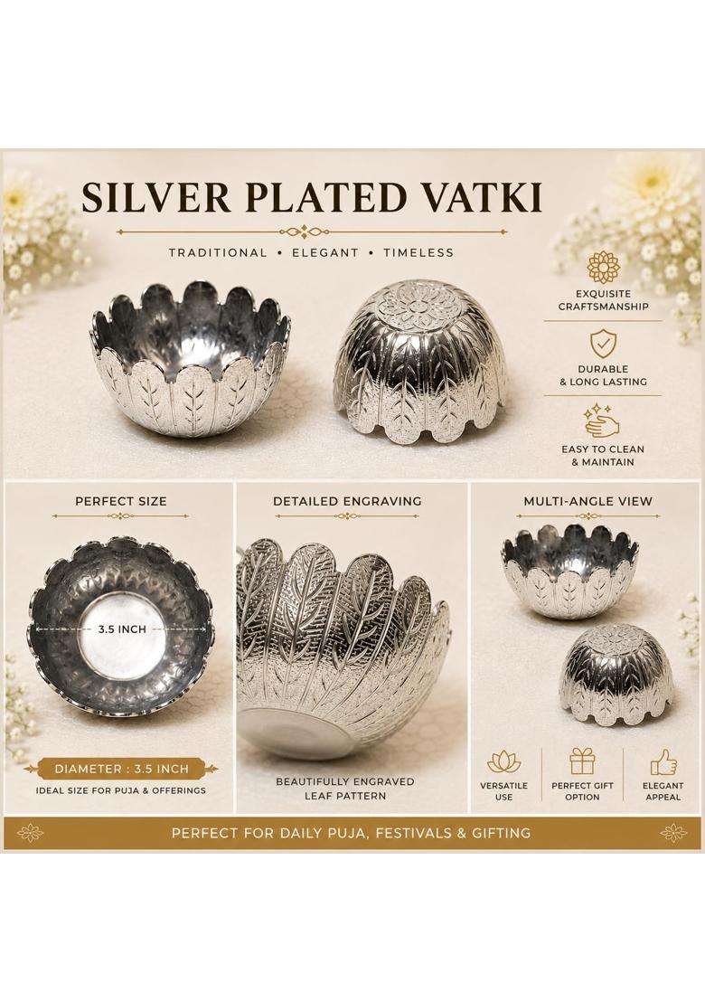 German Silver Pooja Thali with 3 Tarn Vatki Set Swastik Engraved Designer Puja Plate with Ghungroo Border - Indya