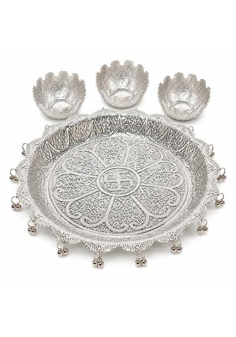 German Silver Pooja Thali with 3 Tarn Vatki Set Swastik Engraved Designer Puja Plate with Ghungroo Border