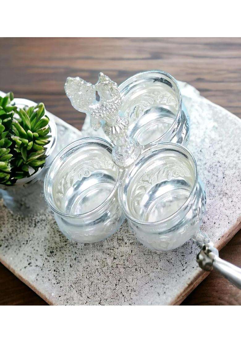 Sigaram German Silver 3 Cup Panchwala with Peacock Handle Kum Holder for Home Temple Pooja Festival K4003 - Indya