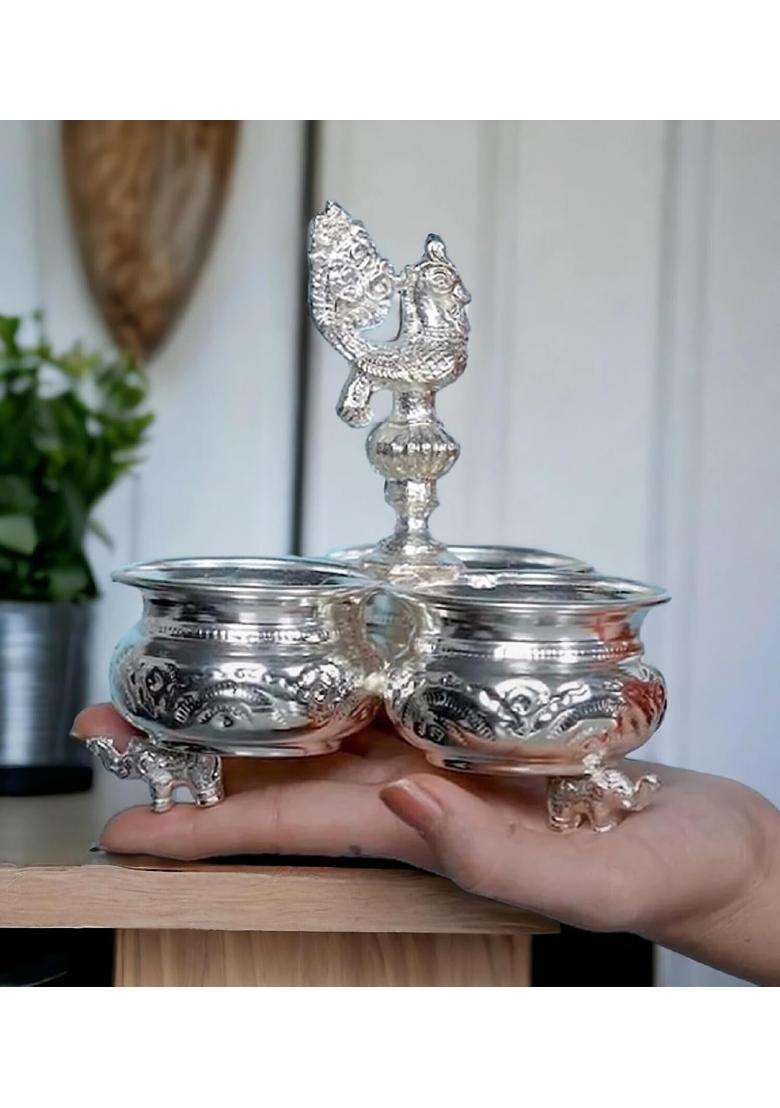 Sigaram German Silver 3 Cup Panchwala with Peacock Handle Kum Holder for Home Temple Pooja Festival K4003 - Indya