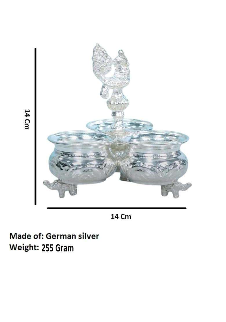 Sigaram German Silver 3 Cup Panchwala with Peacock Handle Kum Holder for Home Temple Pooja Festival K4003 - Indya