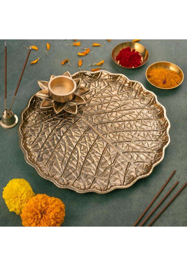 Homeshastra Gold Aluminium Pooja Thali 10 Inch with Tea Light Holder Durable and Rust Resistant - Indya