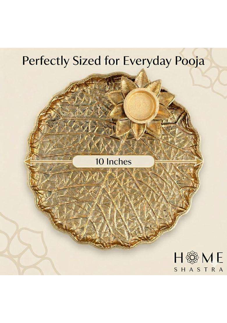 Homeshastra Gold Aluminium Pooja Thali 10 Inch with Tea Light Holder Durable and Rust Resistant - Indya