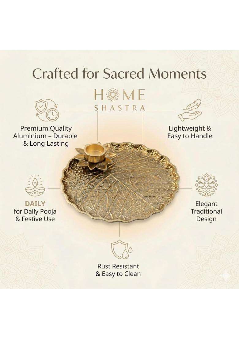 Homeshastra Gold Aluminium Pooja Thali 10 Inch with Tea Light Holder Durable and Rust Resistant - Indya