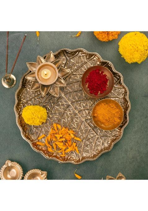 Homeshastra Gold Aluminium Pooja Thali 10 Inch with Tea Light Holder Durable and Rust Resistant