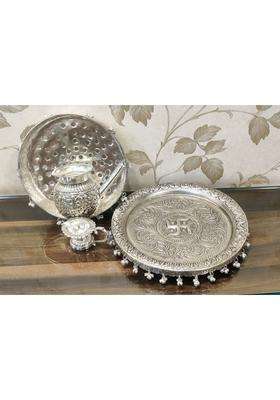 Mishita Collections German Silver Hand Engraved Heavy Karwa Chauth Pooja Thali Diameter 10 and Half Set of 4