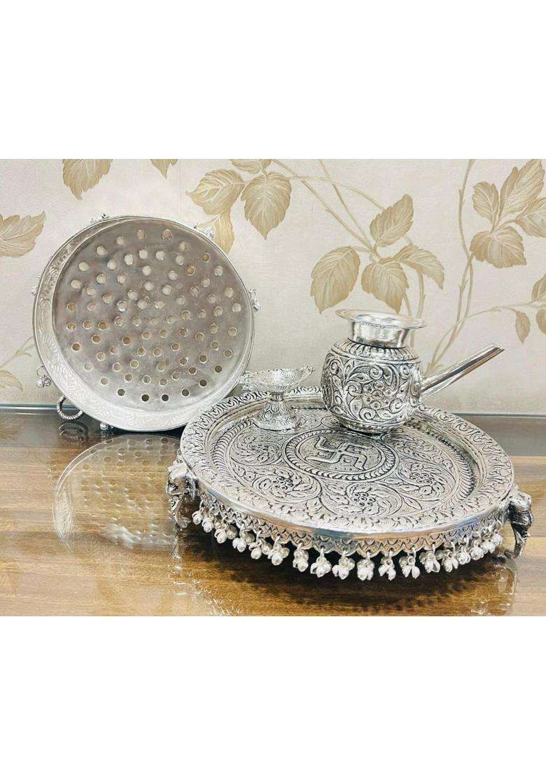 Mishita Collections German Silver Hand Engraved Heavy Karwa Chauth Pooja Thali Diameter 10 and Half Set of 4 - Indya