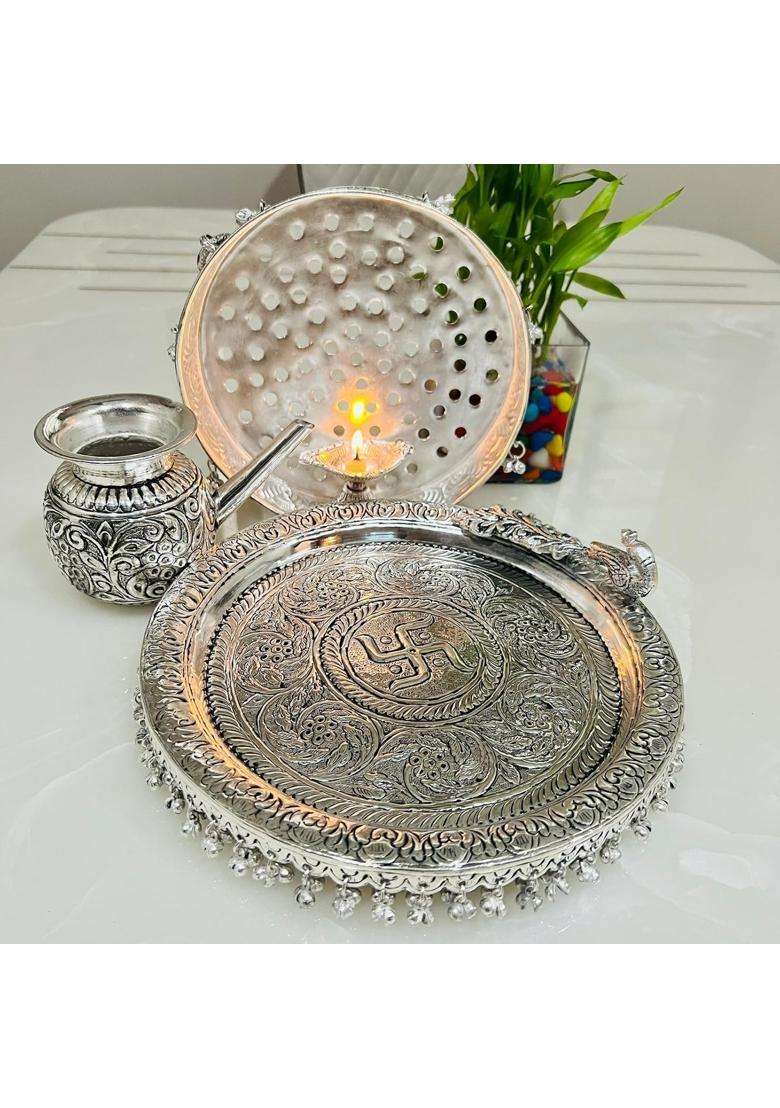 Mishita Collections German Silver Hand Engraved Heavy Karwa Chauth Pooja Thali Diameter 10 and Half Set of 4 - Indya