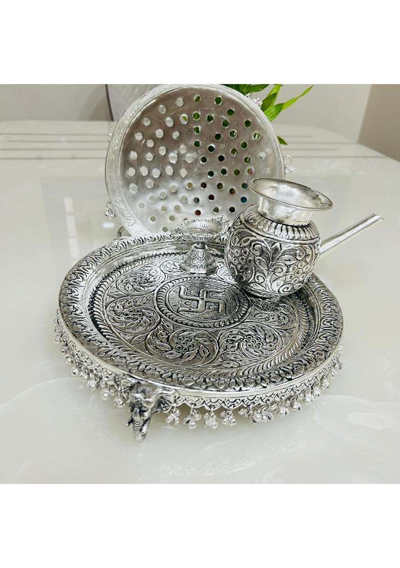 Mishita Collections German Silver Hand Engraved Heavy Karwa Chauth Pooja Thali Diameter 10 and Half Set of 4 - Indya