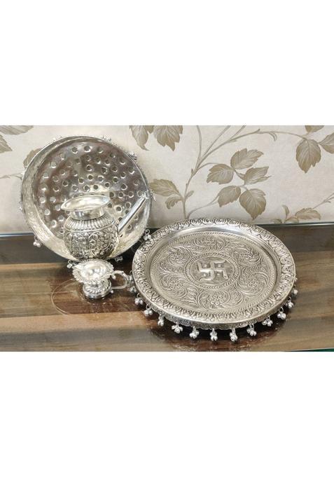 Mishita Collections German Silver Hand Engraved Heavy Karwa Chauth Pooja Thali Diameter 10 and Half Set of 4