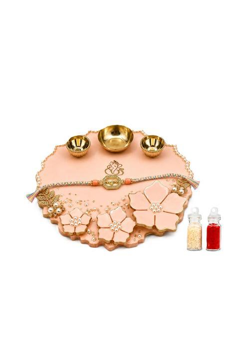 Vrindavanstore Resin Pooja Thali Set 8 Inch with Designer Rakhi Free Roli and Chawal Bottles Decorative Bowls
