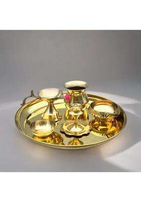 Pachwariya Pure Brass Pooja Thali Set 8 Inch Traditional Kalash Lota Katori Agarbatti Stand Diyas for Mandir