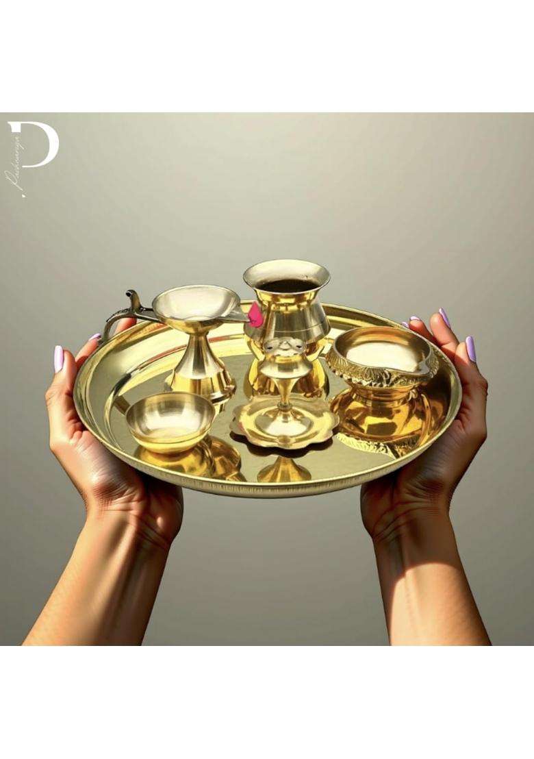 Pachwariya Pure Brass Pooja Thali Set 8 Inch Traditional Kalash Lota Katori Agarbatti Stand Diyas for Mandir - Indya