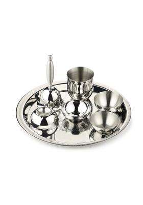 Arttdinox Etching Pooja Thali Set Premium Stainless Steel Pooja Thali with Diya Bell Kalash and Katoris