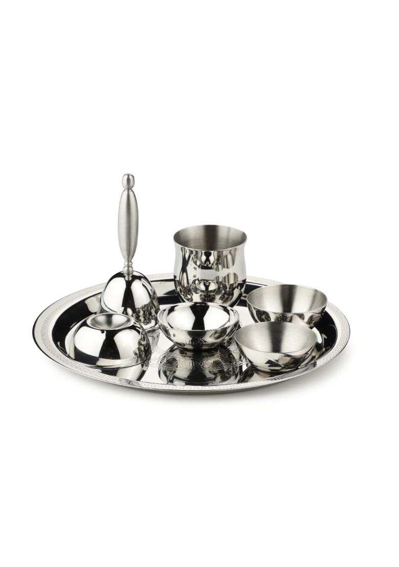 Arttdinox Etching Pooja Thali Set Premium Stainless Steel Pooja Thali with Diya Bell Kalash and Katoris - Indya