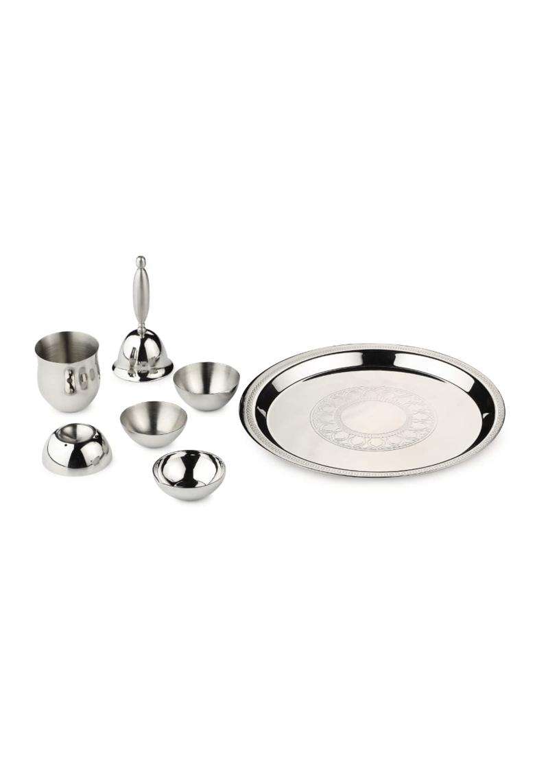 Arttdinox Etching Pooja Thali Set Premium Stainless Steel Pooja Thali with Diya Bell Kalash and Katoris - Indya
