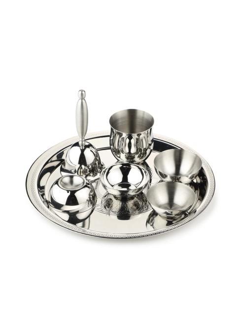 Arttdinox Etching Pooja Thali Set Premium Stainless Steel Pooja Thali with Diya Bell Kalash and Katoris