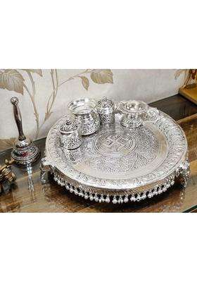 Mishita Collections German Silver Hand Engraved Heavy Pooja Thali Diameter 12 Set of 5