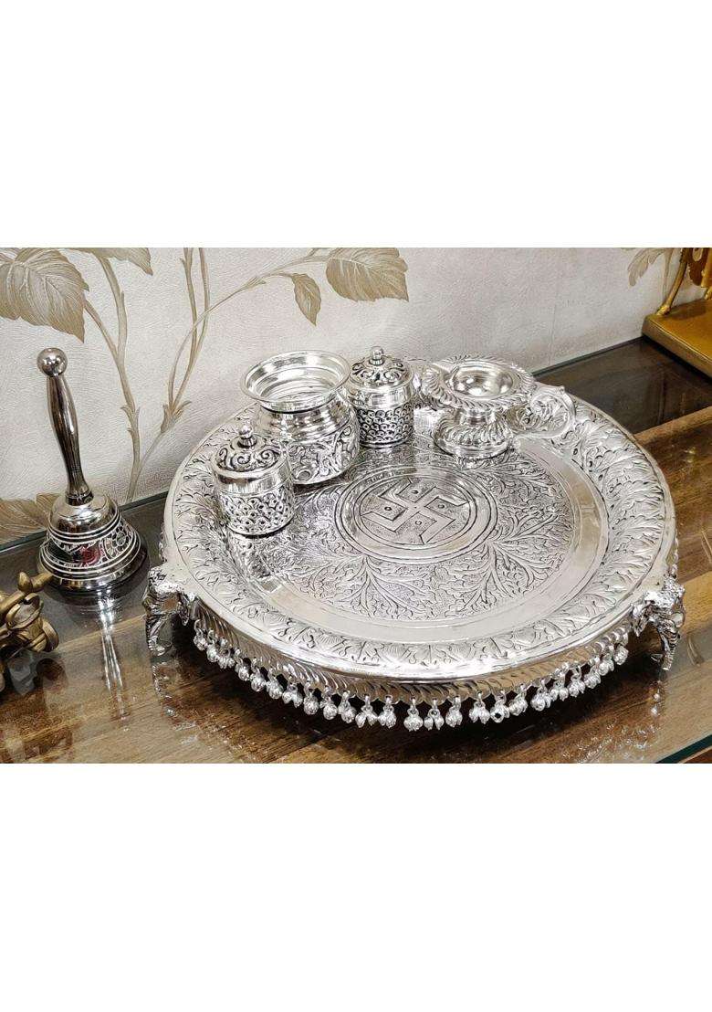 Mishita Collections German Silver Hand Engraved Heavy Pooja Thali Diameter 12 Set of 5 - Indya