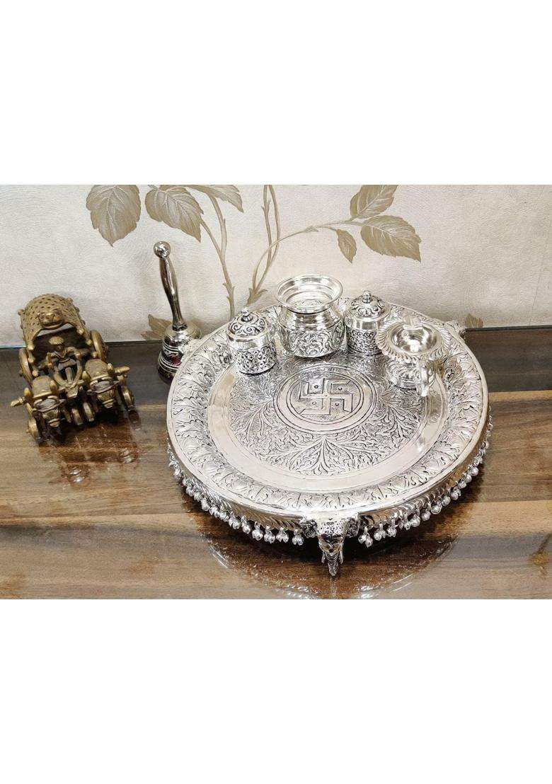 Mishita Collections German Silver Hand Engraved Heavy Pooja Thali Diameter 12 Set of 5 - Indya