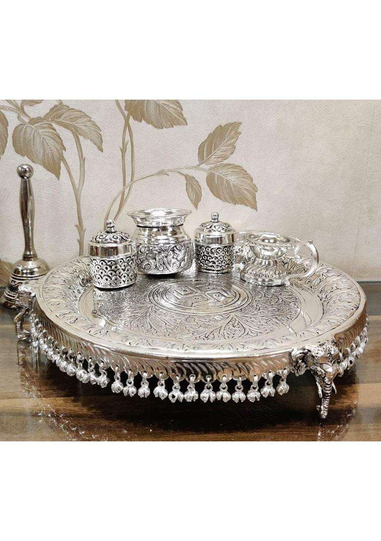 Mishita Collections German Silver Hand Engraved Heavy Pooja Thali Diameter 12 Set of 5 - Indya