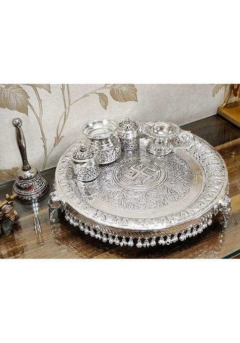 Mishita Collections German Silver Hand Engraved Heavy Pooja Thali Diameter 12 Set of 5